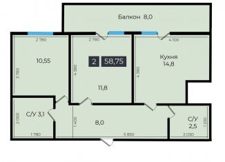 Двухкомнатная квартира на продажу, 59 м2, Ставрополь, улица Южный Обход, 53В, микрорайон № 29