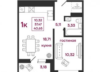 Продам однокомнатную квартиру, 40.7 м2, Пенза, улица Баталина, 31, Железнодорожный район
