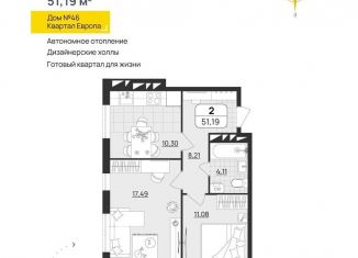 Продаю 2-комнатную квартиру, 51.2 м2, Ульяновск, квартал Европа, 46