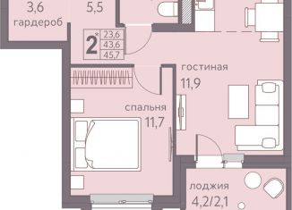 Двухкомнатная квартира на продажу, 45.7 м2, Пермь
