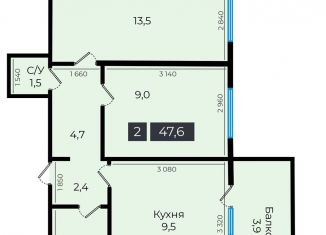 Двухкомнатная квартира на продажу, 47.6 м2, Ставрополь, улица Южный Обход, 53В, микрорайон № 29