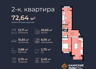 Продается 2-комнатная квартира, 72.6 м2, Махачкала, улица Лаптиева, 45Б