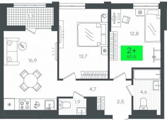 Продается 2-комнатная квартира, 60.6 м2, Тюмень, ЖК Гранд Квартал, улица Николая Глебова, 4