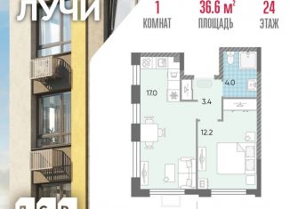 1-комнатная квартира на продажу, 36.6 м2, Москва, метро Боровское шоссе