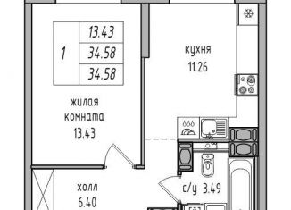 Продается 1-комнатная квартира, 34.6 м2, посёлок Парголово, Заречная улица, 50