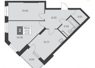 Продается 2-ком. квартира, 61.2 м2, Екатеринбург, ЖК Миллениум