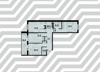 3-комнатная квартира на продажу, 73.3 м2, Волгоград, ЖК Парк Европейский