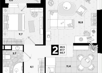 2-ком. квартира на продажу, 50.7 м2, Краснодарский край, улица Константина Гондаря, 109