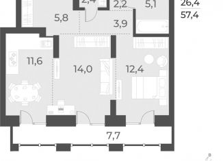 Продам двухкомнатную квартиру, 57.4 м2, Новосибирск, жилой комплекс Русское солнце, 2, метро Красный проспект