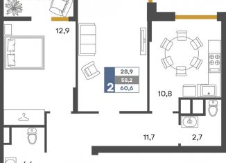 Продам 2-комнатную квартиру, 60.6 м2, село Перевальное