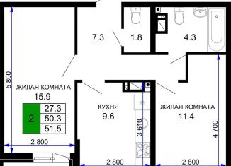 2-комнатная квартира на продажу, 51.5 м2, Краснодар, ЖК Дыхание