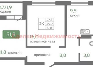 2-комнатная квартира на продажу, 51.8 м2, Красноярск, Октябрьский район