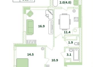 Продаю двухкомнатную квартиру, 60.7 м2, село Мирное