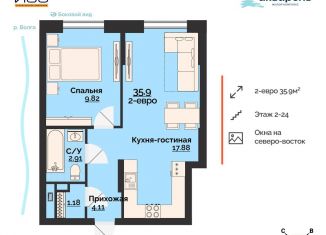 Продаю двухкомнатную квартиру, 35.9 м2, Ульяновская область