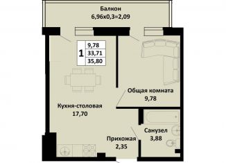 Продаю однокомнатную квартиру, 35.8 м2, Краснодарский край