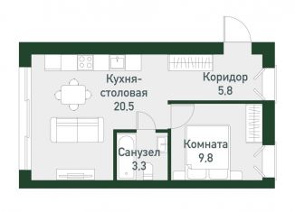 1-комнатная квартира на продажу, 38.9 м2, Челябинская область, Спортивная улица, 20