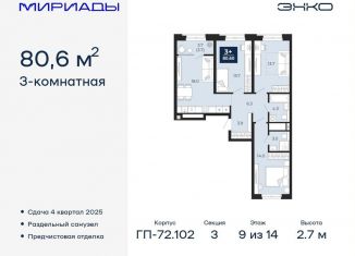 Продаю 3-комнатную квартиру, 80.6 м2, Тюмень, Ленинский округ