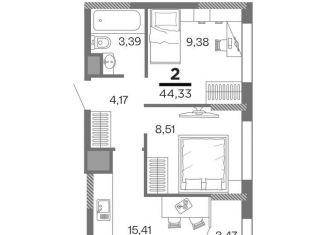 Продам двухкомнатную квартиру, 44.3 м2, Рязань