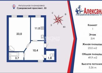 Продажа 1-комнатной квартиры, 50 м2, Санкт-Петербург, Суворовский проспект, 33, муниципальный округ Смольнинское
