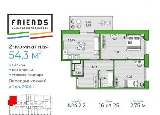Продаю 2-комнатную квартиру, 54.3 м2, Санкт-Петербург, ЖК Френдс