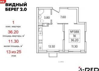 Продажа однокомнатной квартиры, 36.2 м2, деревня Сапроново, ЖК Видный Берег 2