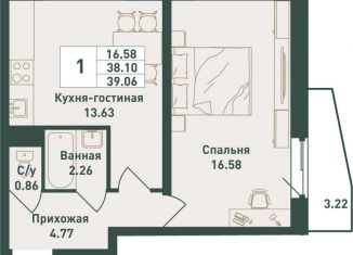 Продам 1-ком. квартиру, 39.1 м2, Ленинградская область
