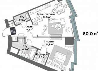 2-комнатная квартира на продажу, 80 м2, Екатеринбург, улица Бориса Ельцина, 6, улица Бориса Ельцина