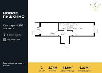 2-комнатная квартира на продажу, 43.6 м2, Пушкино, жилой комплекс Новое Пушкино, к23