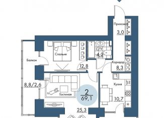 Продажа 2-ком. квартиры, 69.1 м2, Красноярск, Свердловский район