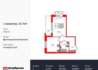 Продаю 1-комнатную квартиру, 36.7 м2, Санкт-Петербург, метро Комендантский проспект
