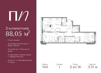 2-комнатная квартира на продажу, 88.1 м2, Москва