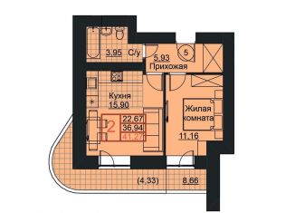 2-комнатная квартира на продажу, 41.3 м2, Уфа, Высотная улица, 6