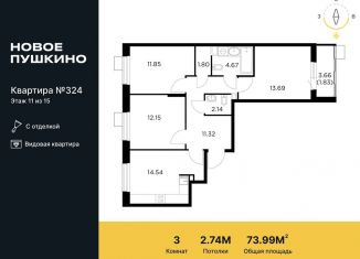 Продам трехкомнатную квартиру, 74 м2, Московская область, микрорайон Новое Пушкино, к27