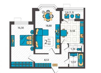 Продаю двухкомнатную квартиру, 58.9 м2, Анапа, улица Крылова, 13к1