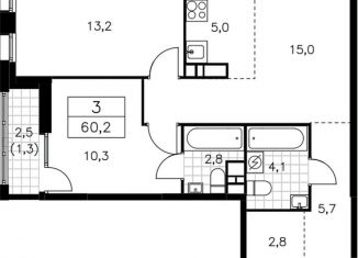 Продается 3-комнатная квартира, 60.2 м2, посёлок Коммунарка, улица Александры Монаховой, 5к3, ЖК Зелёная Линия