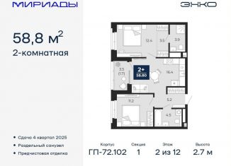 Продажа 2-ком. квартиры, 58.8 м2, Тюмень