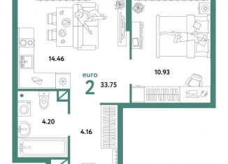 Двухкомнатная квартира на продажу, 33.8 м2, Тюмень, Интернациональная улица, 199к10