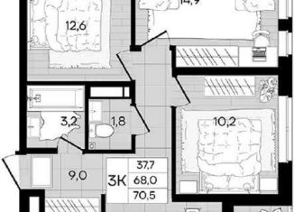 Продается трехкомнатная квартира, 70.3 м2, Краснодар