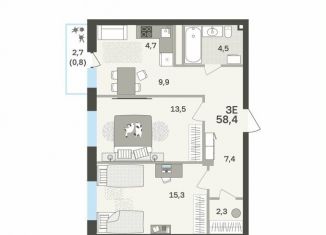 Трехкомнатная квартира на продажу, 58.4 м2, Пермь