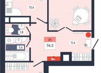 Двухкомнатная квартира на продажу, 74.3 м2, Московская область, Тверская улица, 32