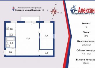 Продам 2-ком. квартиру, 43.1 м2, Ленинградская область, улица Пушкина, 10