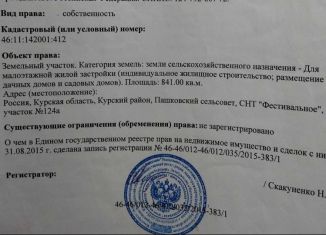 Продам земельный участок, 8.4 сот., СНТ Фестивальное, СНТ Фестивальное, 124А