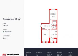 Продается 2-ком. квартира, 58.4 м2, Санкт-Петербург, муниципальный округ Светлановское, Светлановский проспект, 8