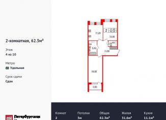 Двухкомнатная квартира на продажу, 62.3 м2, Санкт-Петербург, муниципальный округ Светлановское