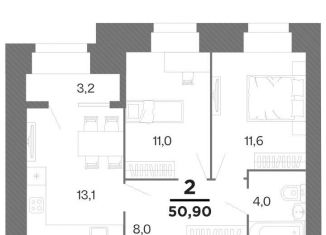 Двухкомнатная квартира на продажу, 50.9 м2, Рязань