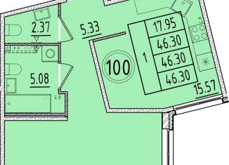 Однокомнатная квартира на продажу, 46.3 м2, посёлок Шушары