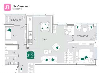 Продается 3-ком. квартира, 77.6 м2, Краснодар, микрорайон Любимово, 10/1