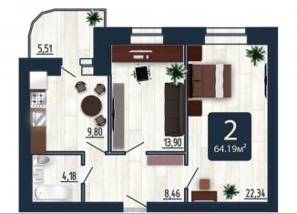 2-ком. квартира на продажу, 64.2 м2, Смоленск, Промышленный район, улица Попова, 30