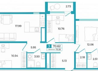 3-комнатная квартира на продажу, 70.6 м2, Тюменская область