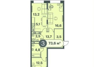 Трехкомнатная квартира на продажу, 73.6 м2, Красноярск, Кировский район